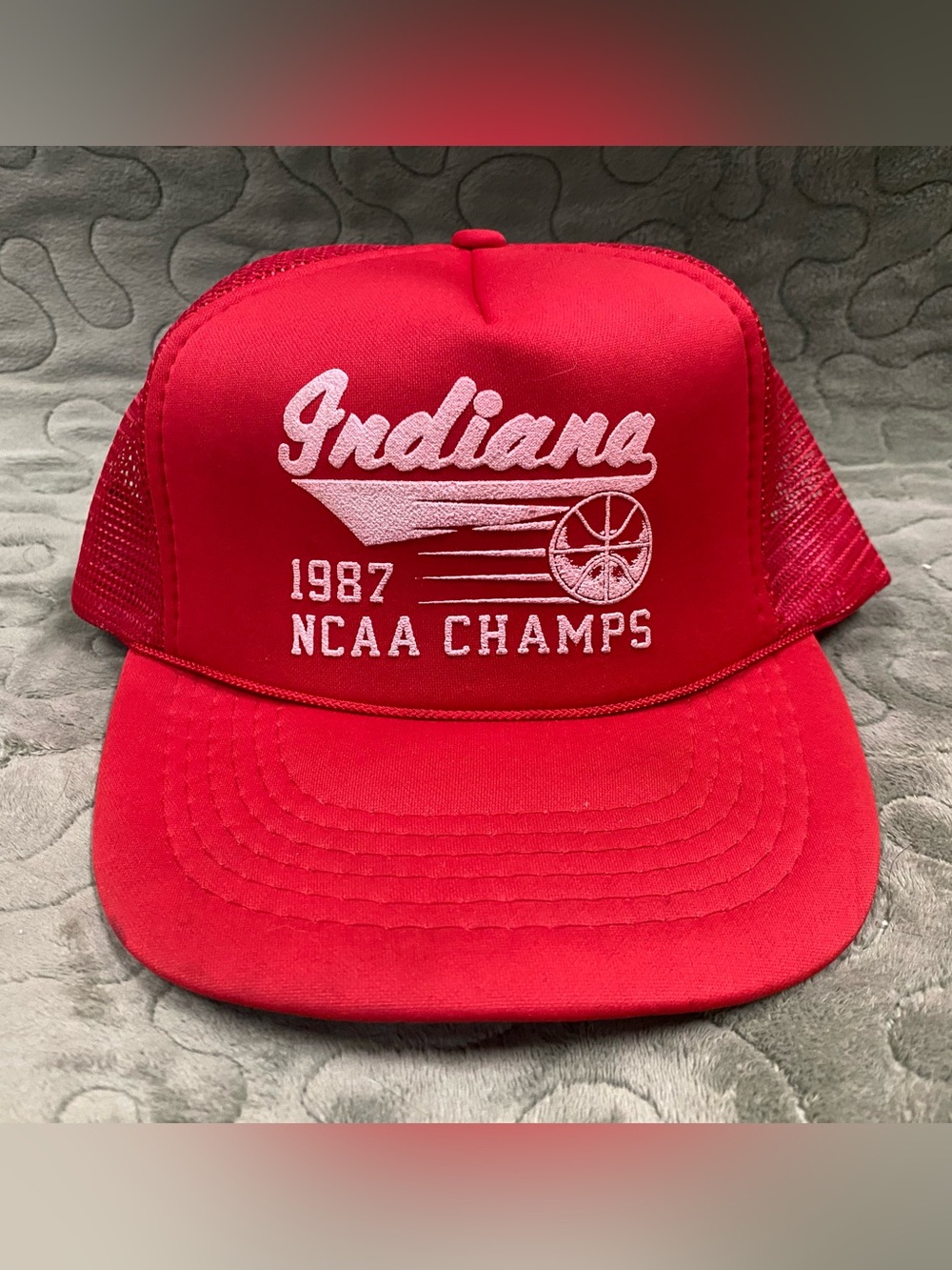 Vintage Trucker Hat Snap back Mesh Red 1987 Indiana NCAA Basketball Champs